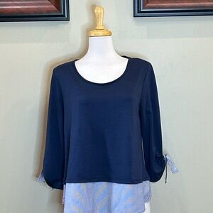 Espresso | Size Large Navy Top With Pinstripe Tie and Hem